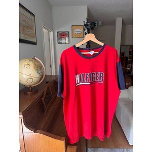 TOMMY HILFIGER TOMMY JEANS VINTAGE RED BLUE T SHIRT SIZE XL 90S Y2K COLOR BLOCK